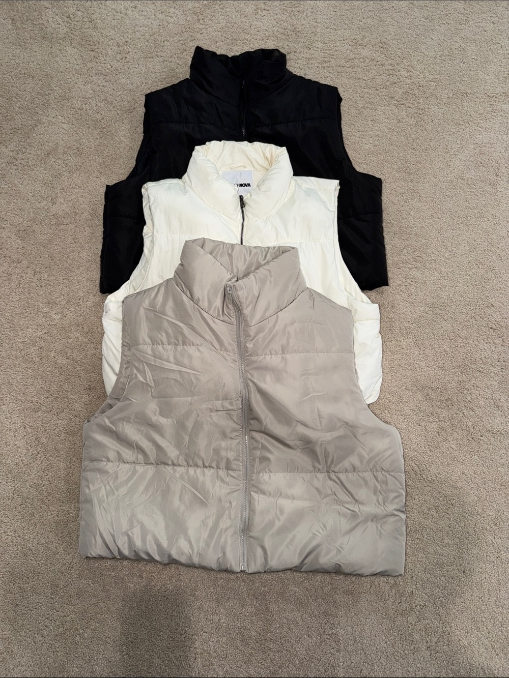 Set of 3 - Versatile Packable Puffer Vest Trio — Taupe, Cream & Black